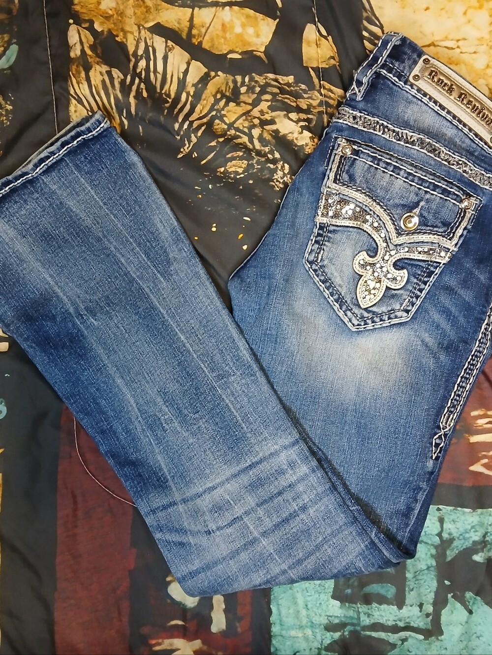 Rock Revival Boot Womens 28 Bootcut Jeans Blue Flap Pocket Rhinestone Stretch
